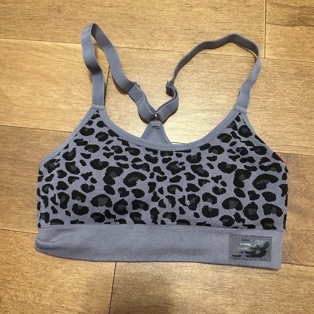 New Balance Gray and Black Sports Bra with Leopard Print